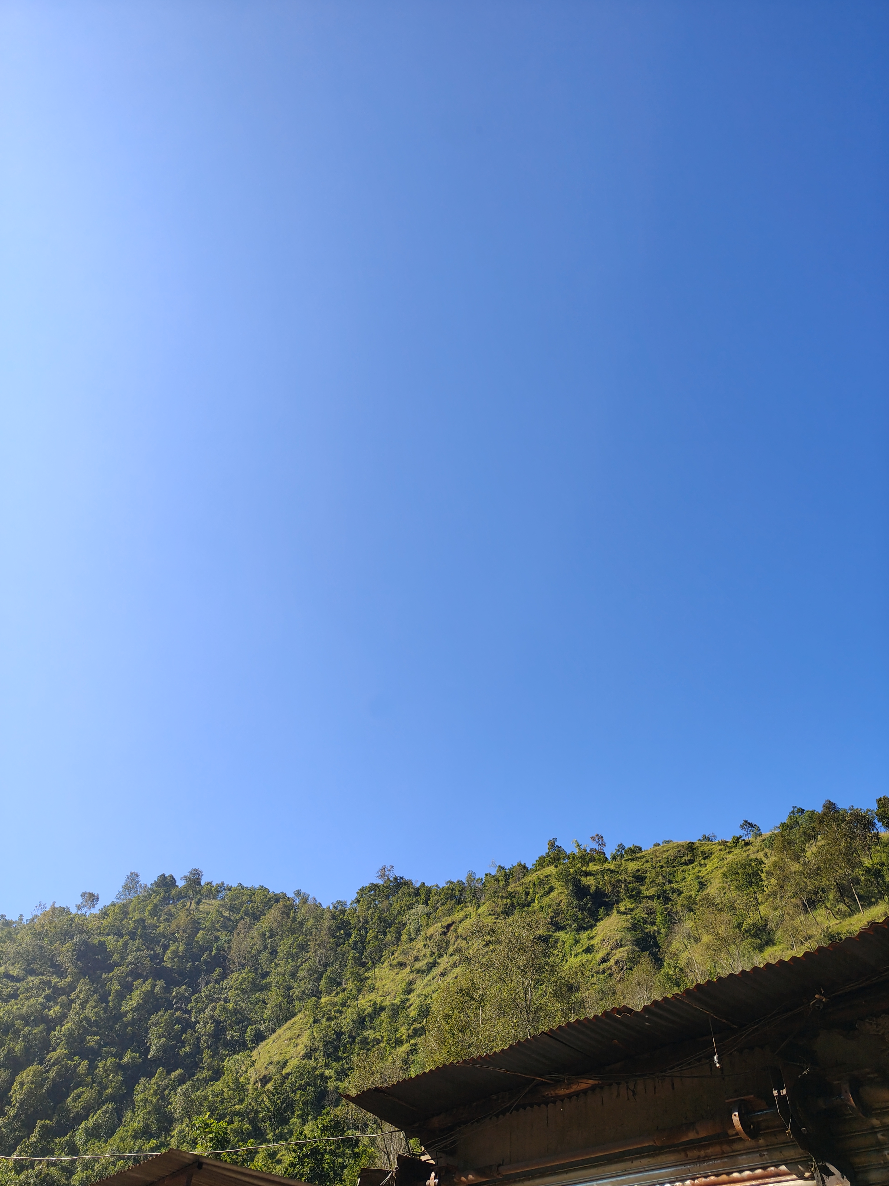 
A clear blue sky over a green hillside with trees, with a roof edge in the foreground.