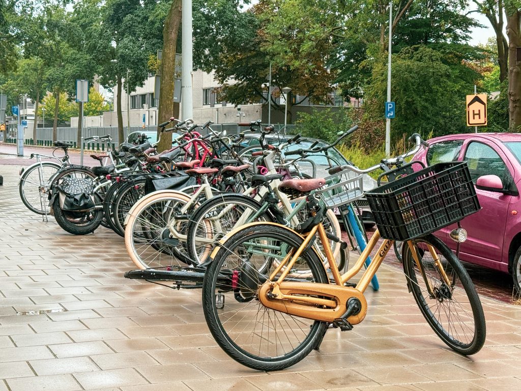 A row of bicycles parked closely together on a wet brick sidewalk, with one orange bike featuring a large black basket in the foreground. Trees and a few parked cars, including a pink car, are visible in the background on a cloudy day.