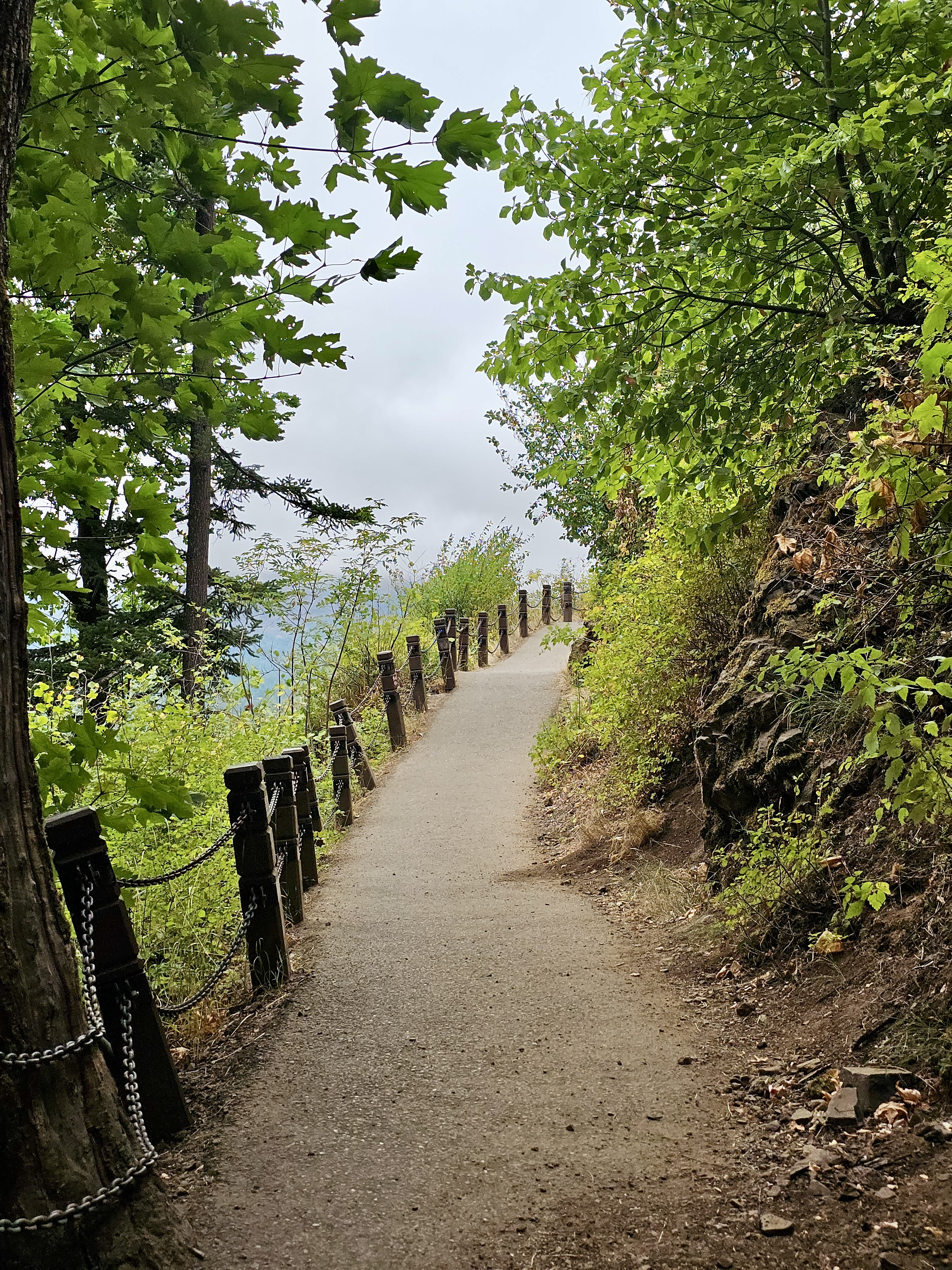 A quiet walking trail lined with chain railing and shaded by green trees. Columbia River Gorge National Scenic Area, Oregon.