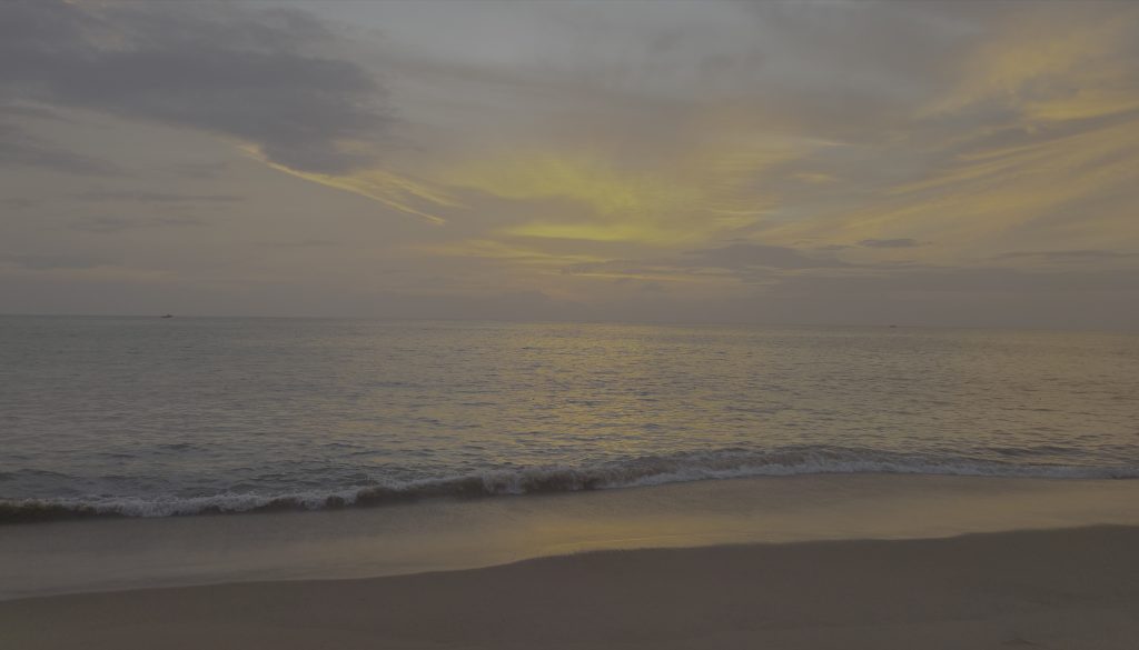 A serene sunset beach with golden reflections on calm waves, soft clouds in the sky, and gentle surf along the sandy shore.