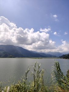 A serene landscape featuring Fewa Lake in the foreground, flanked by lush green grass and reeds.