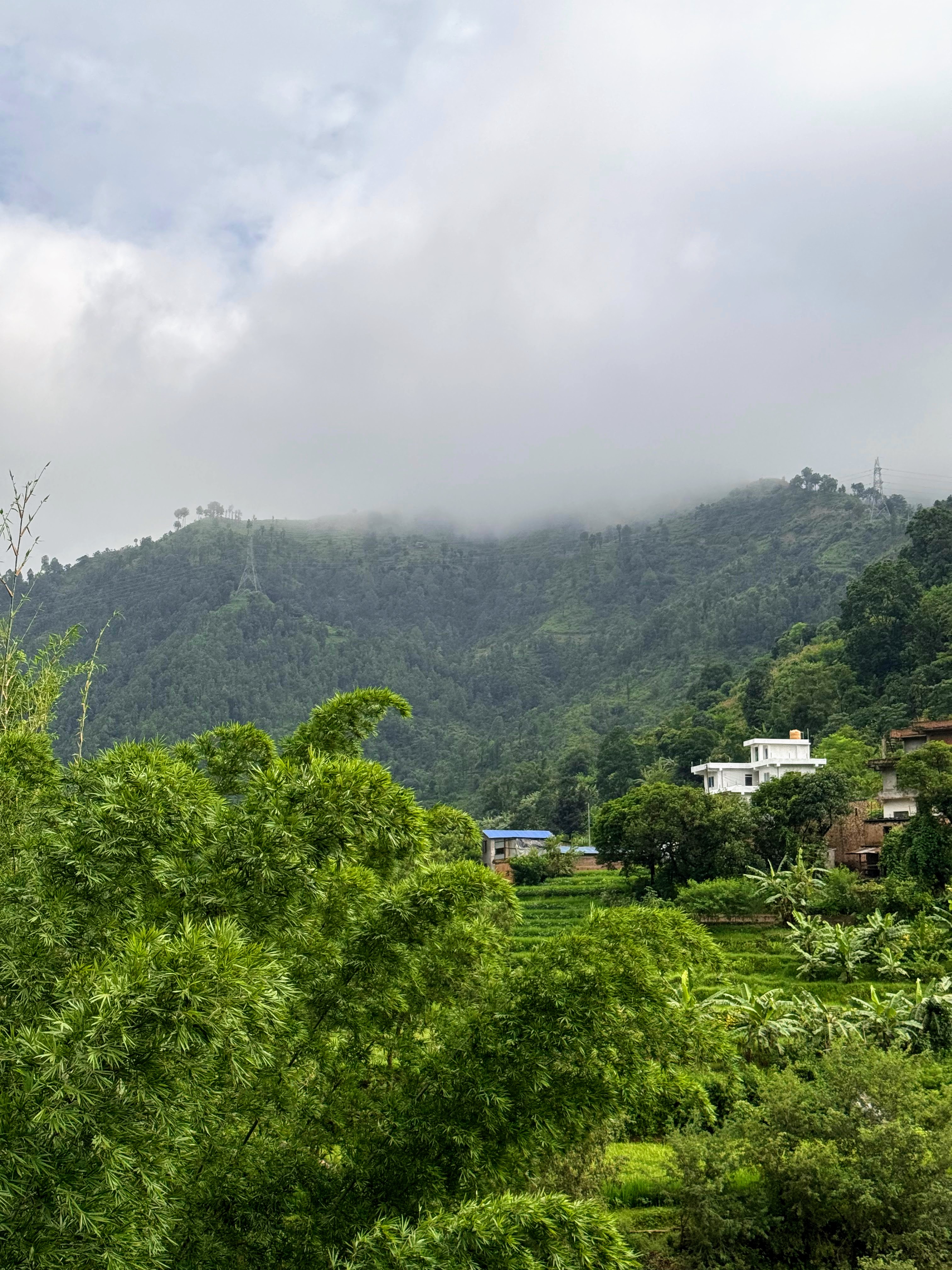 A lush, green landscape with houses on a hill and a mountain shrouded in clouds in the background.