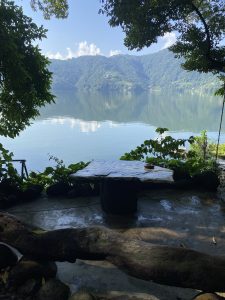 A serene Fewa lakeside scene with a stone table and bench surrounded by lush green foliage.