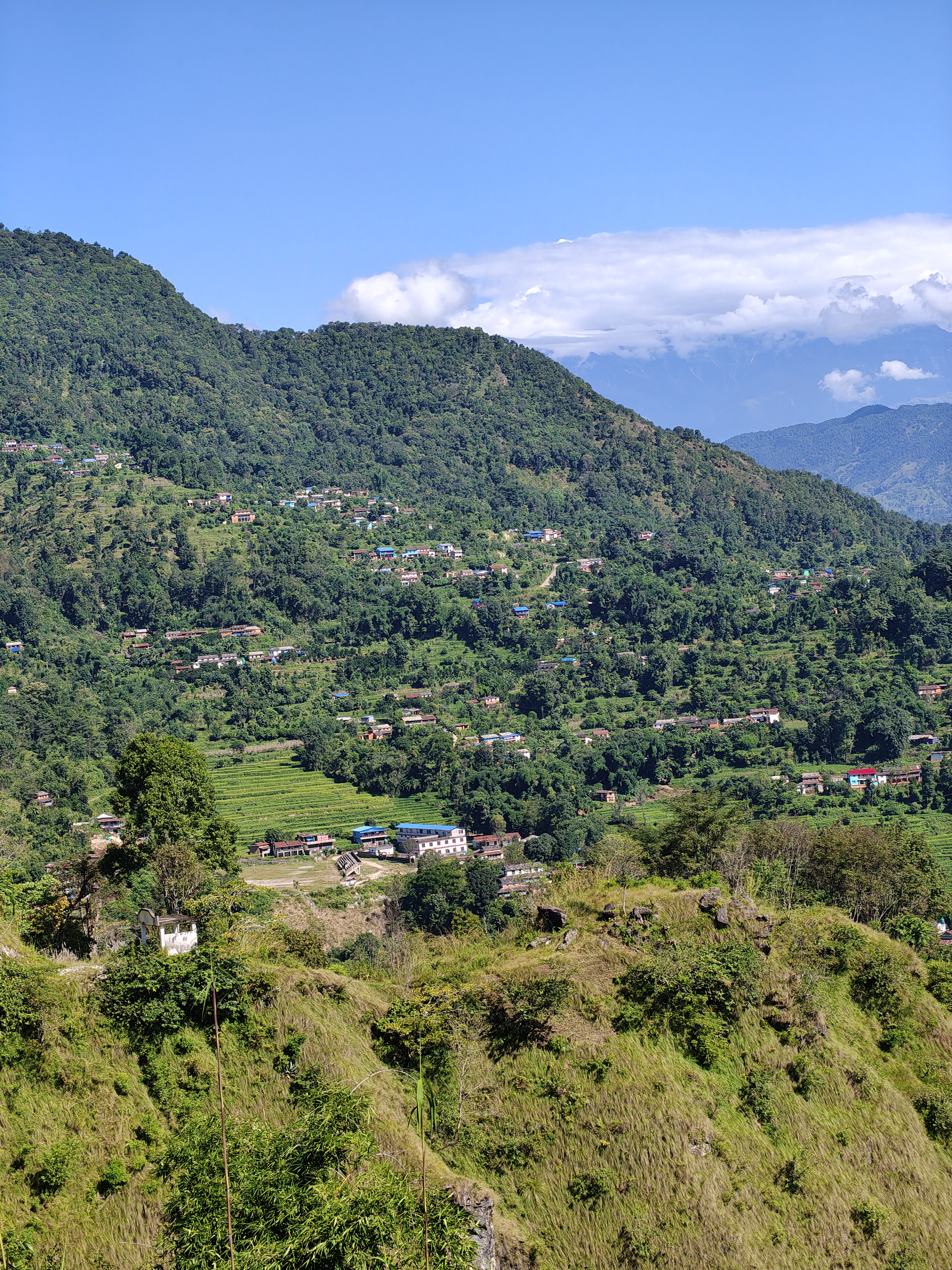 A lush green mountainous landscape under a clear blue sky.
