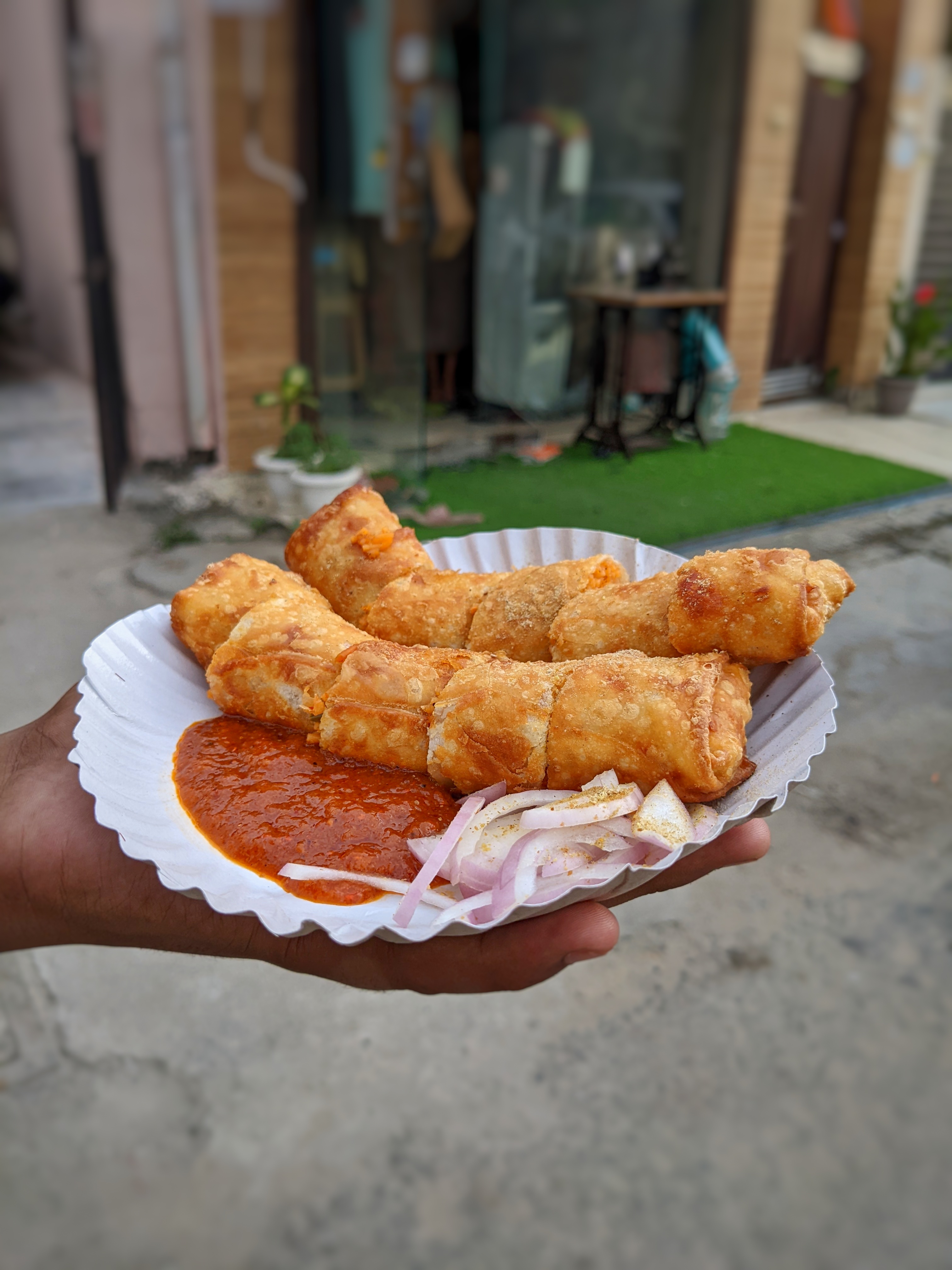 A hand holding a plate with several rolled, golden-brown fried snacks arranged alongside a small portion of red dipping sauce and a few slices of raw onion. The background features blurred elements of a street scene with greenery and buildings.