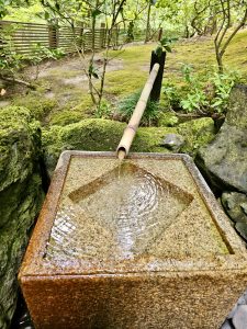 A square stone water basin gently fills from a bamboo pipe, creating ripples in the still water, a peaceful detail from the Portland Japanese Garden. 