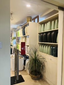 A photograph from inside a store showing shelves filled with various vases and decorative items. In the foreground, a large potted plant sits on the floor.