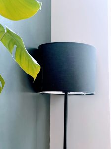 A close-up of a black floor lamp with a cylindrical shade standing in a corner where a dark green wall meets a pale beige wall. A large green leaf hangs over the lamp.