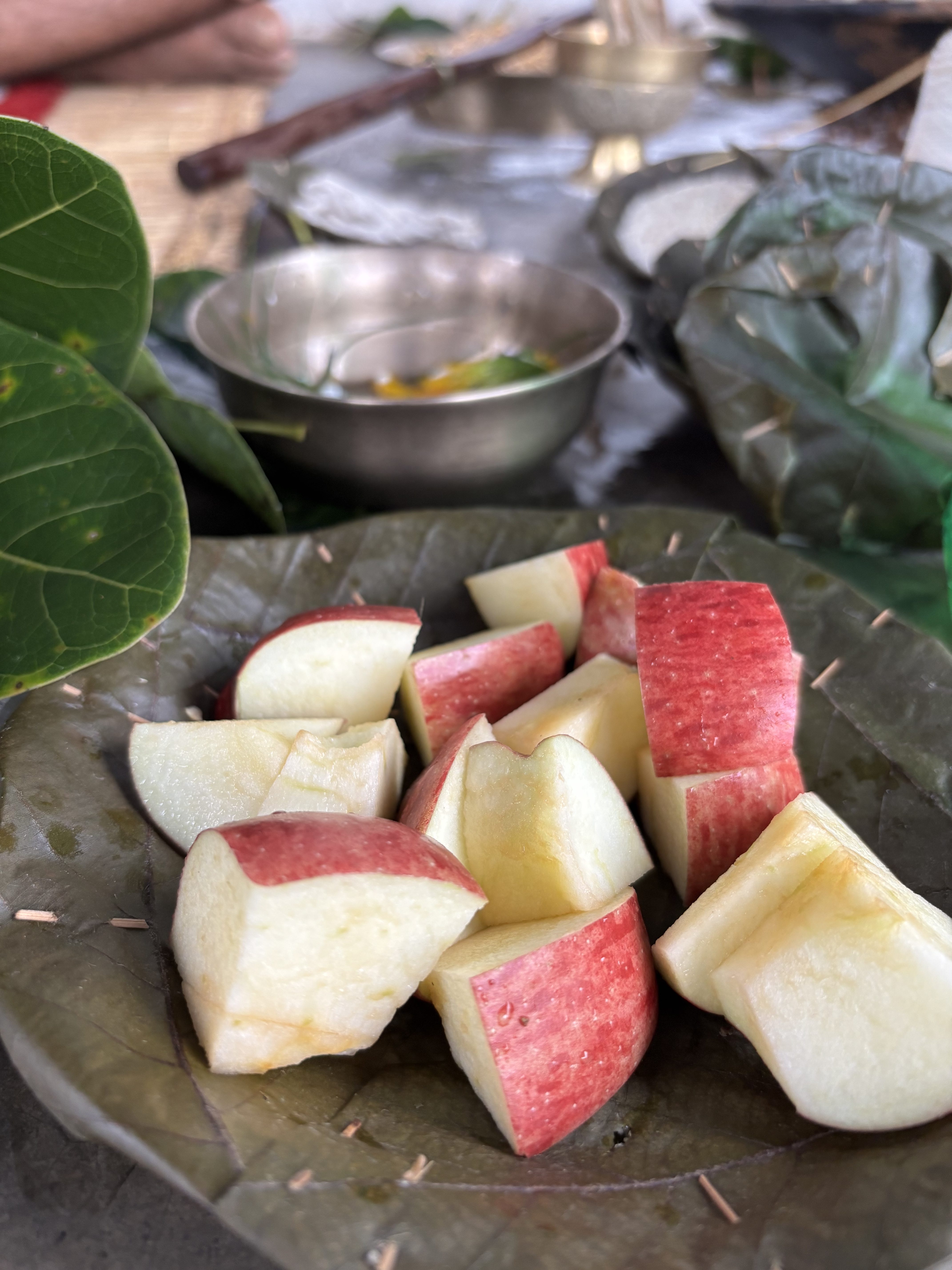 A plate made of large green leaves holds several pieces of red-skinned apple, cut into wedges