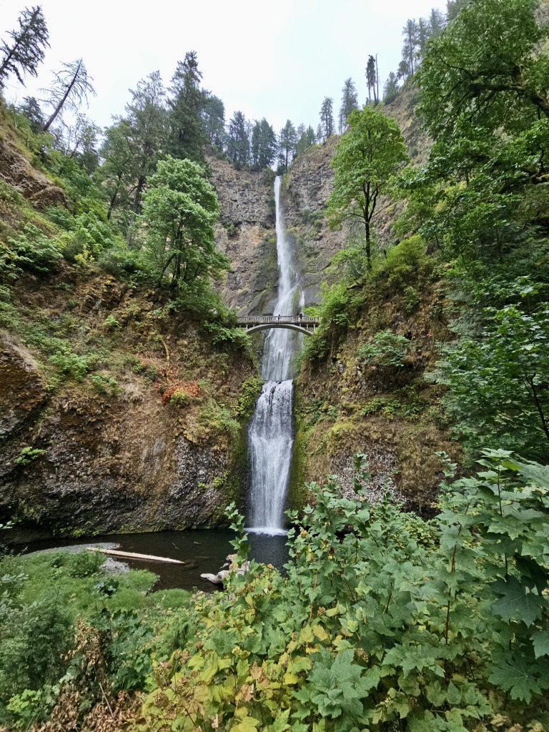 A tall, two-tier waterfall flows down a rocky cliff surrounded by green trees and moss. The bridge in the middle offers a close view of the falling water. Captured at Multnomah Falls, Oregon.