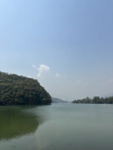 A serene landscape featuring a calm fewa lake surrounded by lush, green hills under a clear blue sky. 