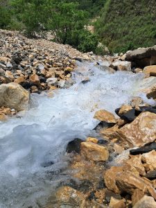 A rocky stream with clear, rushing water flowing over and around stones, bordered by green vegetation.
