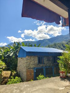 A rustic stone house with a blue metal roof sits amidst lush greenery, under a bright blue sky filled with clouds.