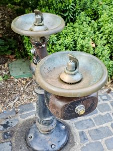 Old dual drinking fountain with metal spouts, placed on cobblestone pavement, captured in the evening at Pittock Mansion, Portland. 