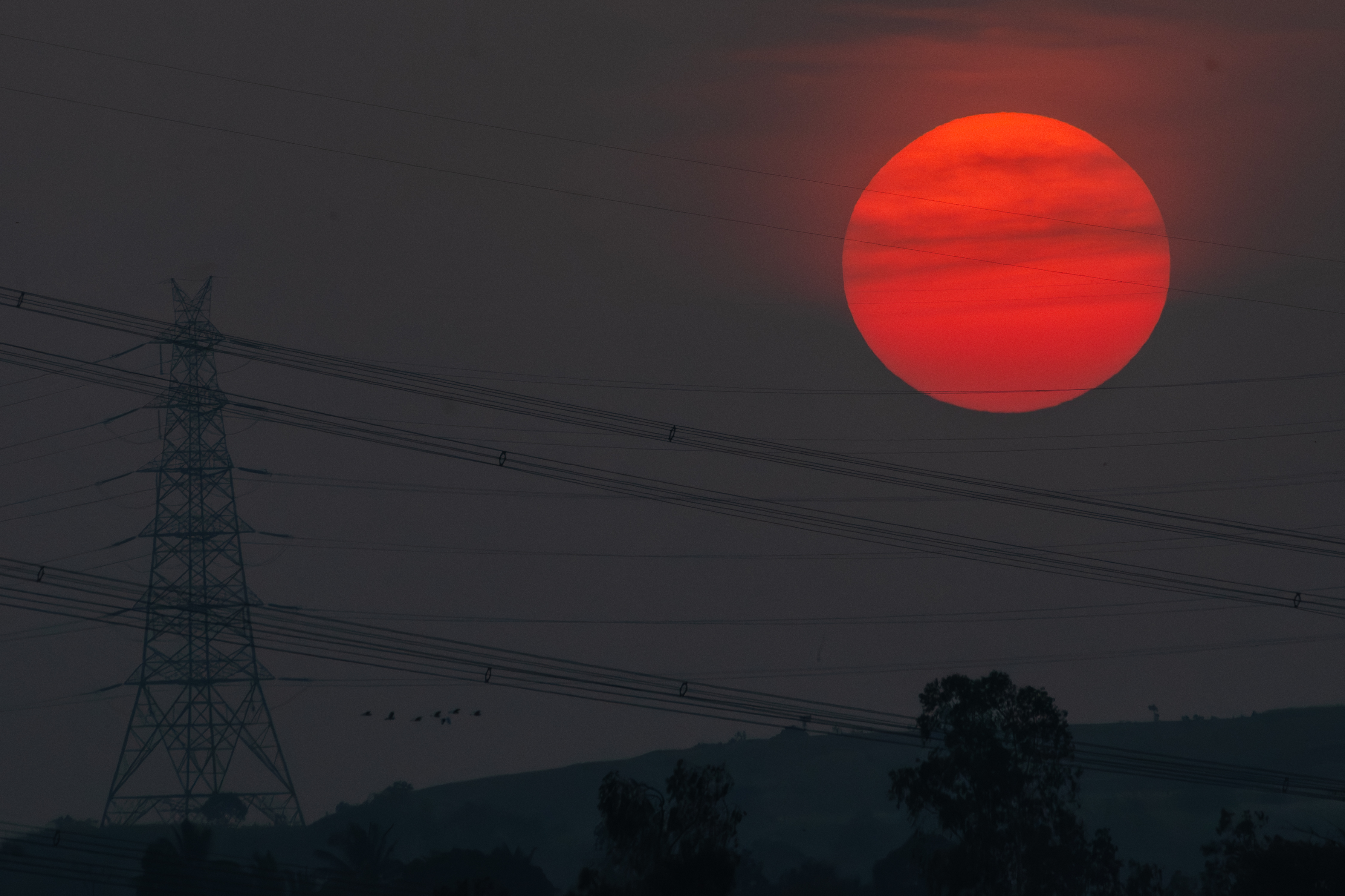 A vibrant red sunset silhouettes a tall power tower and lines, with birds flying against a darkening sky and rolling hills.