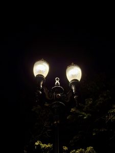 A black, vintage-style street lamp with two glowing bulbs lights up the night. The background is completely dark with faint tree branches visible. Taken from downtown Portland. 