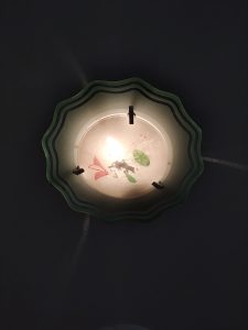 A ceiling light fixture with a scalloped green edge and a frosted glass cover featuring a simple floral design. 