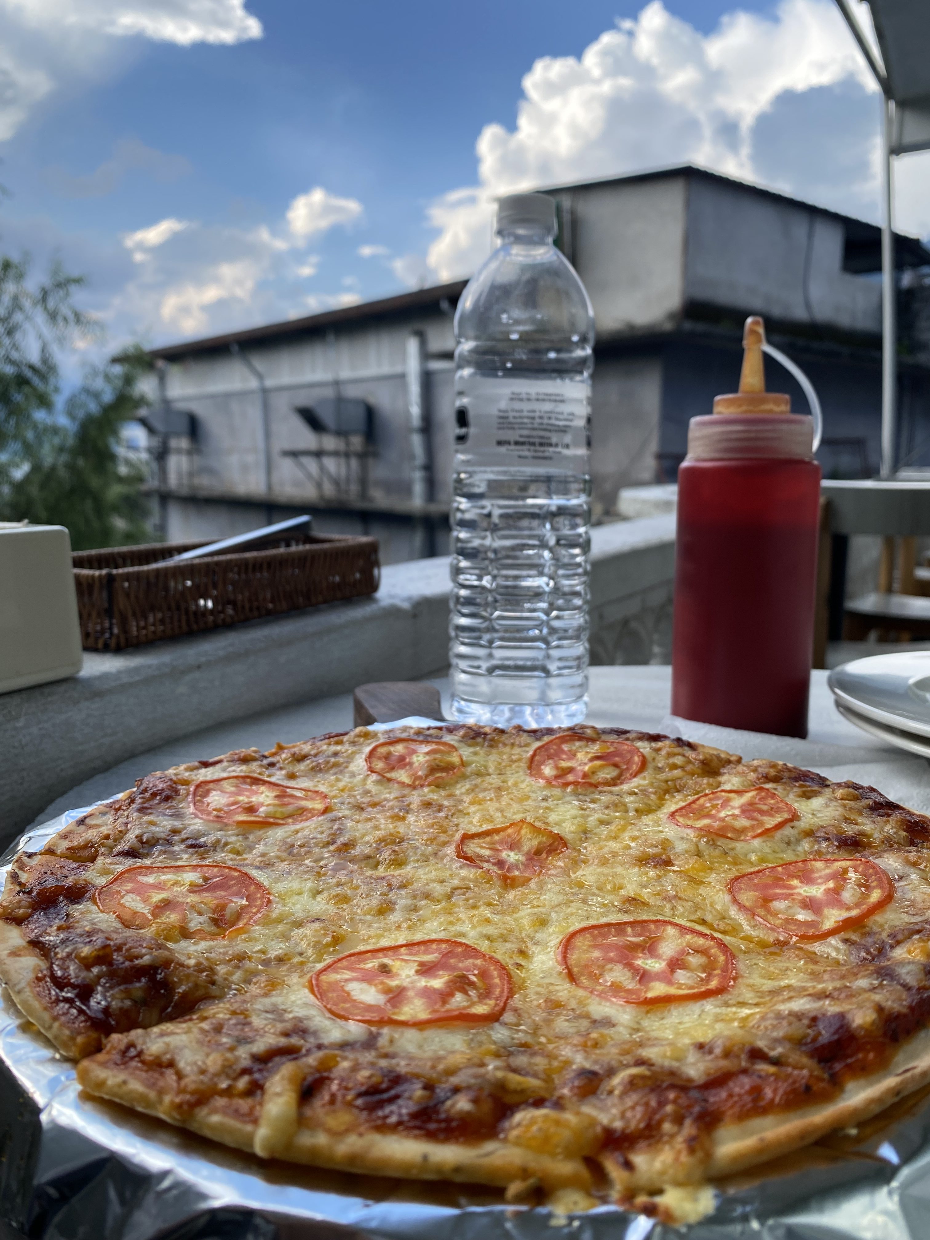 A freshly baked pizza topped with slices of tomato is placed on a silver tray, with melted cheese and a golden crust.