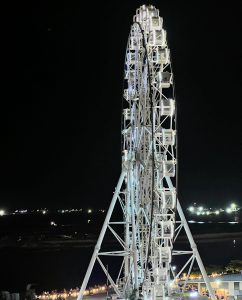 A tall white Ferris wheel is brightly lit against a dark night sky, with the lights of a city shoreline visible in the distance below.