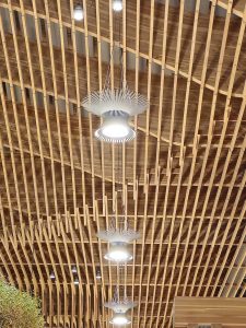 A row of stylish pendant lights with a fan-like design hanging from a wooden ceiling. Captured at Portland International Airport, the ceiling architecture and lighting add depth and rhythm to the large terminal space. 