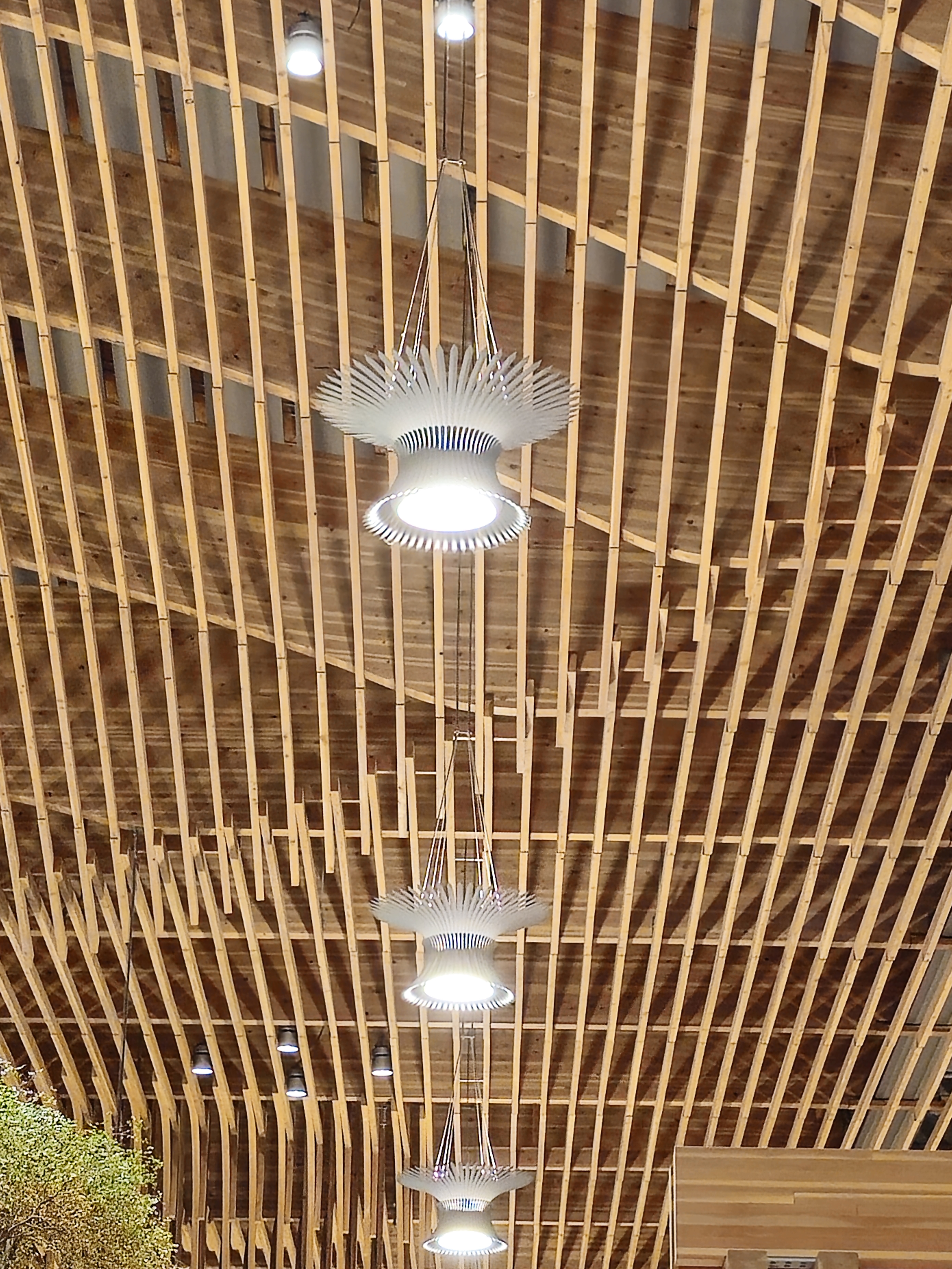 A row of stylish pendant lights with a fan-like design hanging from a wooden ceiling. Captured at Portland International Airport, the ceiling architecture and lighting add depth and rhythm to the large terminal space.