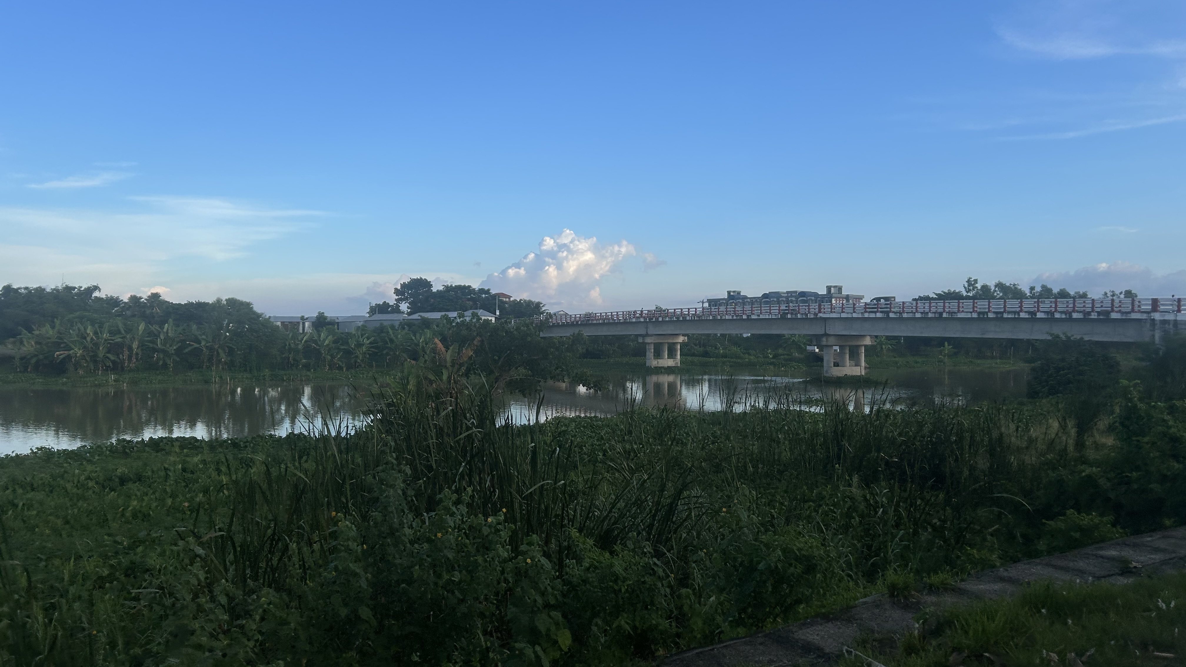 A calm water reflects a blue sky with clouds, framed by greenery, with a modern bridge in the background.