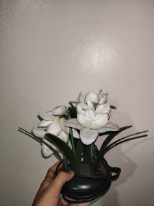 A person's hand is holding a decorative artificial flower arrangement featuring white flowers and green leaves, set in a black, curved pot. 