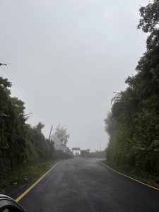 A winding road surrounded by lush greenery and fog, leading into a misty and unclear distance.