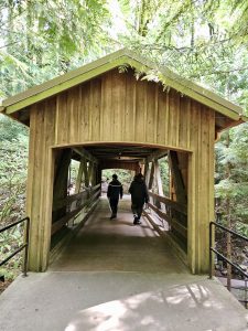 Two people walk across a wooden-covered bridge surrounded by trees and green plants. Shot at Oregon Zoo, Portland.