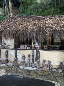 A rustic outdoor setting featuring a thatched-roof structure with a wooden counter. 