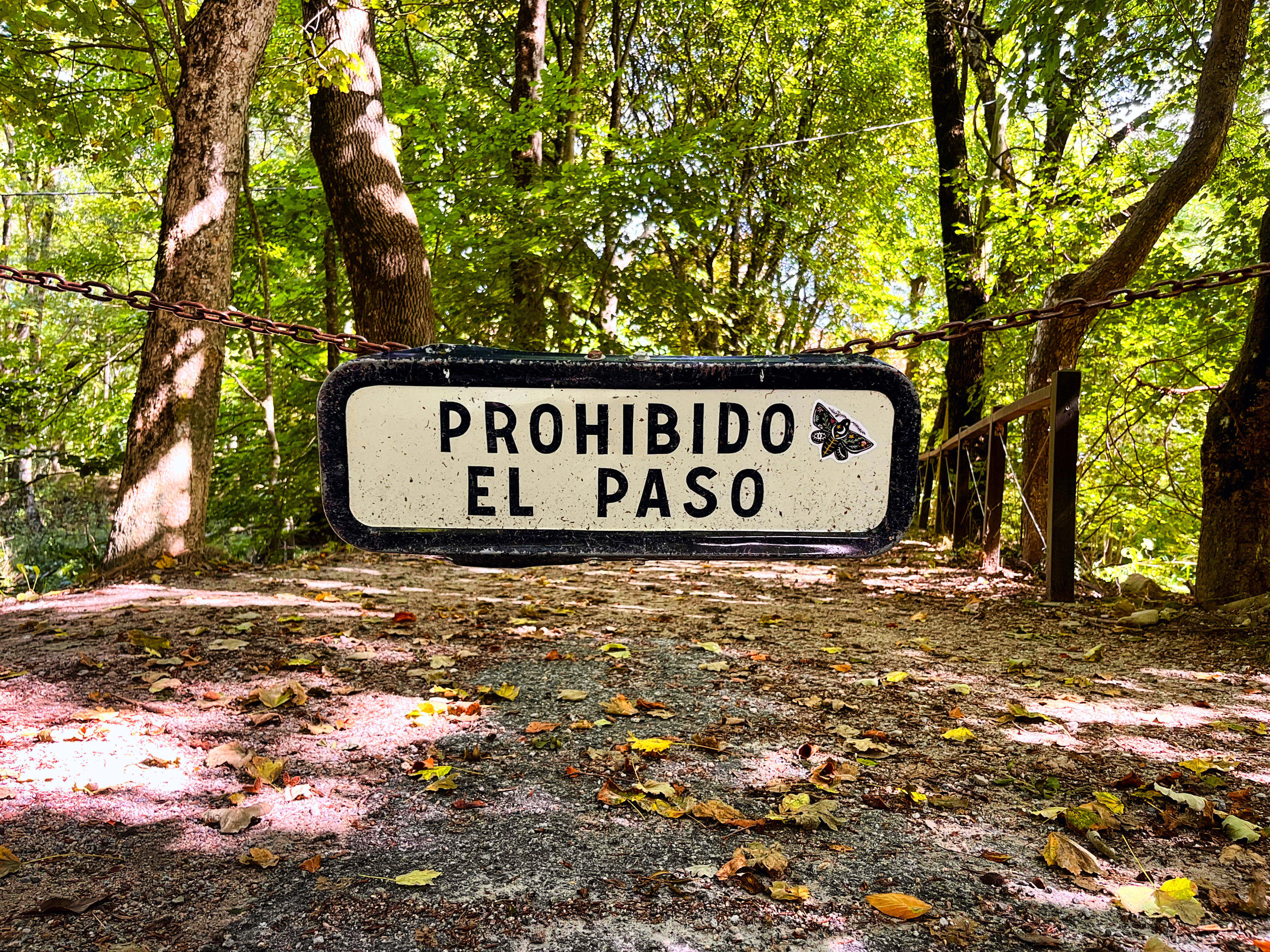 A “Prohibido el paso” (No entry) metal sign hangs by chains on a leaf-covered concrete path in Santa Fe de Montseny, Spain.