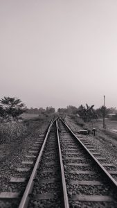 A black-and-white photograph depicting a railway track stretching into the distance, with the tracks curving slightly and on either side of the tracks, is grass and sparse trees. 
