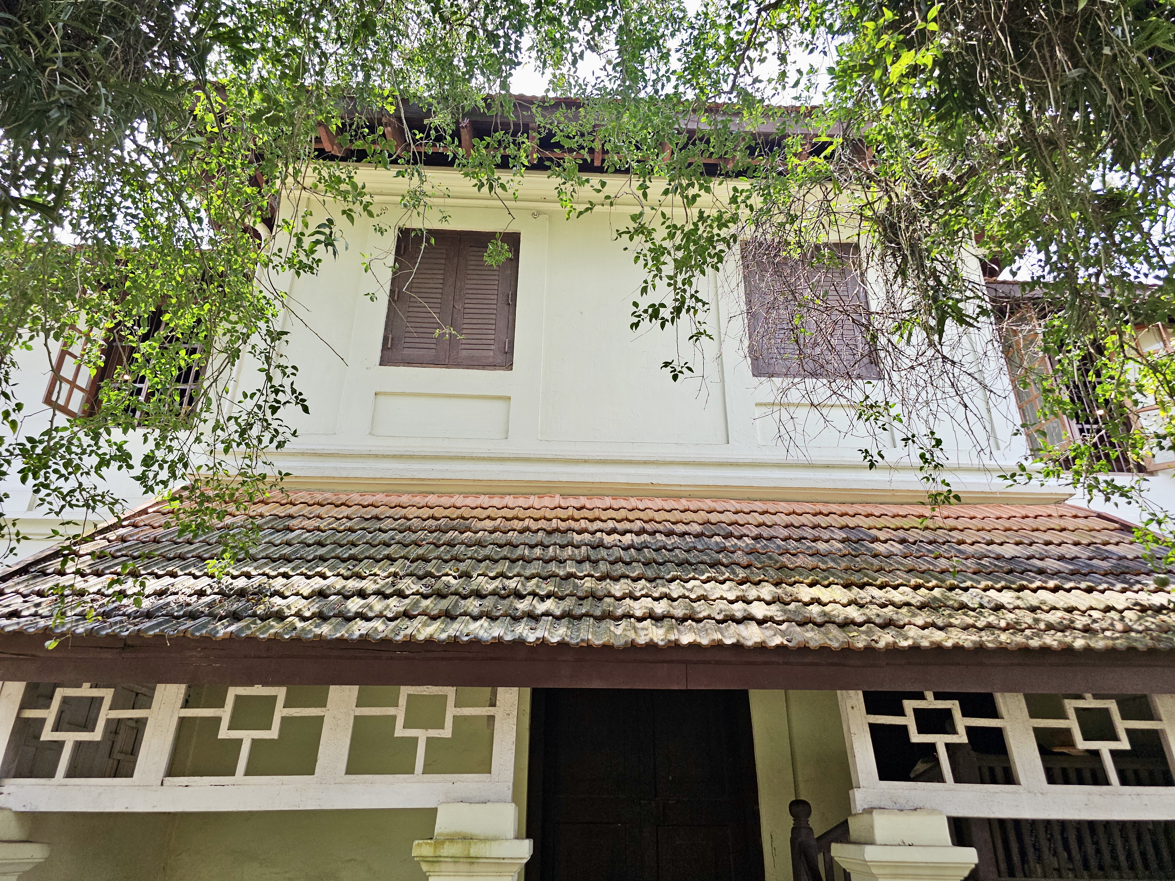 A traditional Kerala-style tiled roof and closed wooden windows, seen through overhanging tree branches. Shot at Hill Palace, Thrippunithura.