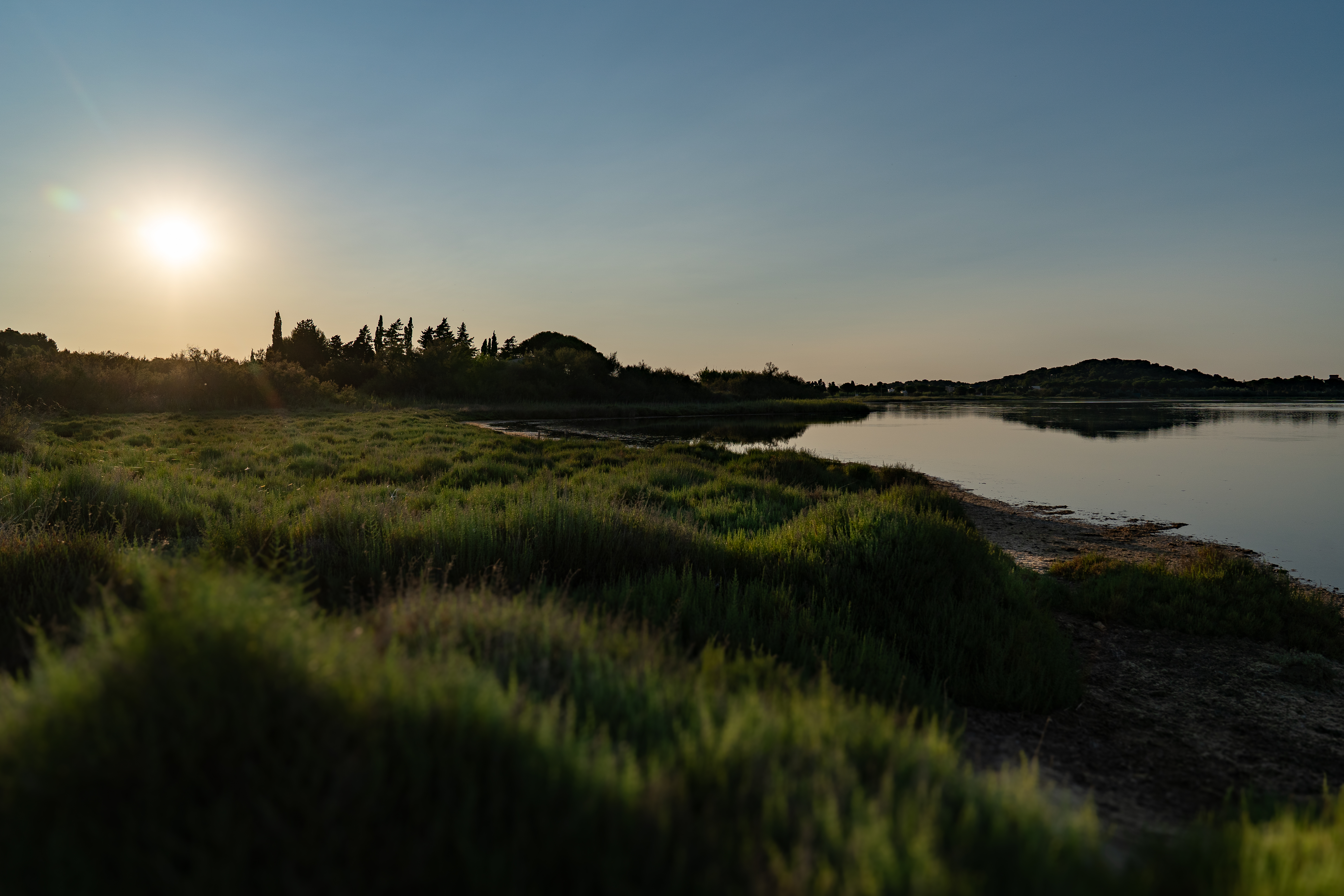 Soft morning light over the salt meadows at the Etang de Gruissan – calm and clear.