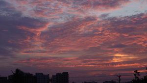 A stunning sunset sky filled with layers of vibrant clouds painted in shades of pink, orange, purple, and blue. The sun is setting below the horizon, casting a warm golden glow that illuminates the lower clouds. Silhouettes of buildings, trees, and power lines appear in the foreground, adding depth and contrast to the colorful evening sky at Dhaka.