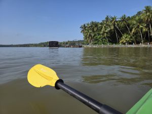 

A yellow kayak paddle close-up with a wooden dock and green coconut trees in the background under a clear blue sky.