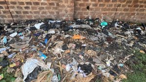 A pile of mixed garbage, including plastic bags, food wrappers, and organic waste, lies on the ground near a brick wall in a cluttered, dirty area.