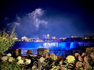 A nighttime view of Niagara Falls illuminated in vivid blue light, framed by flowers and plants in the foreground and a decorative iron railing. The skyline in the background glows with city lights and tall buildings, while mist from the falls rises into the dark sky, blending with faintly lit clouds.
