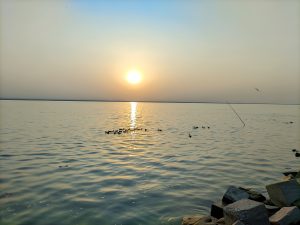 A serene sunset over a calm body of water, with the sun casting a golden reflection on the surface.
