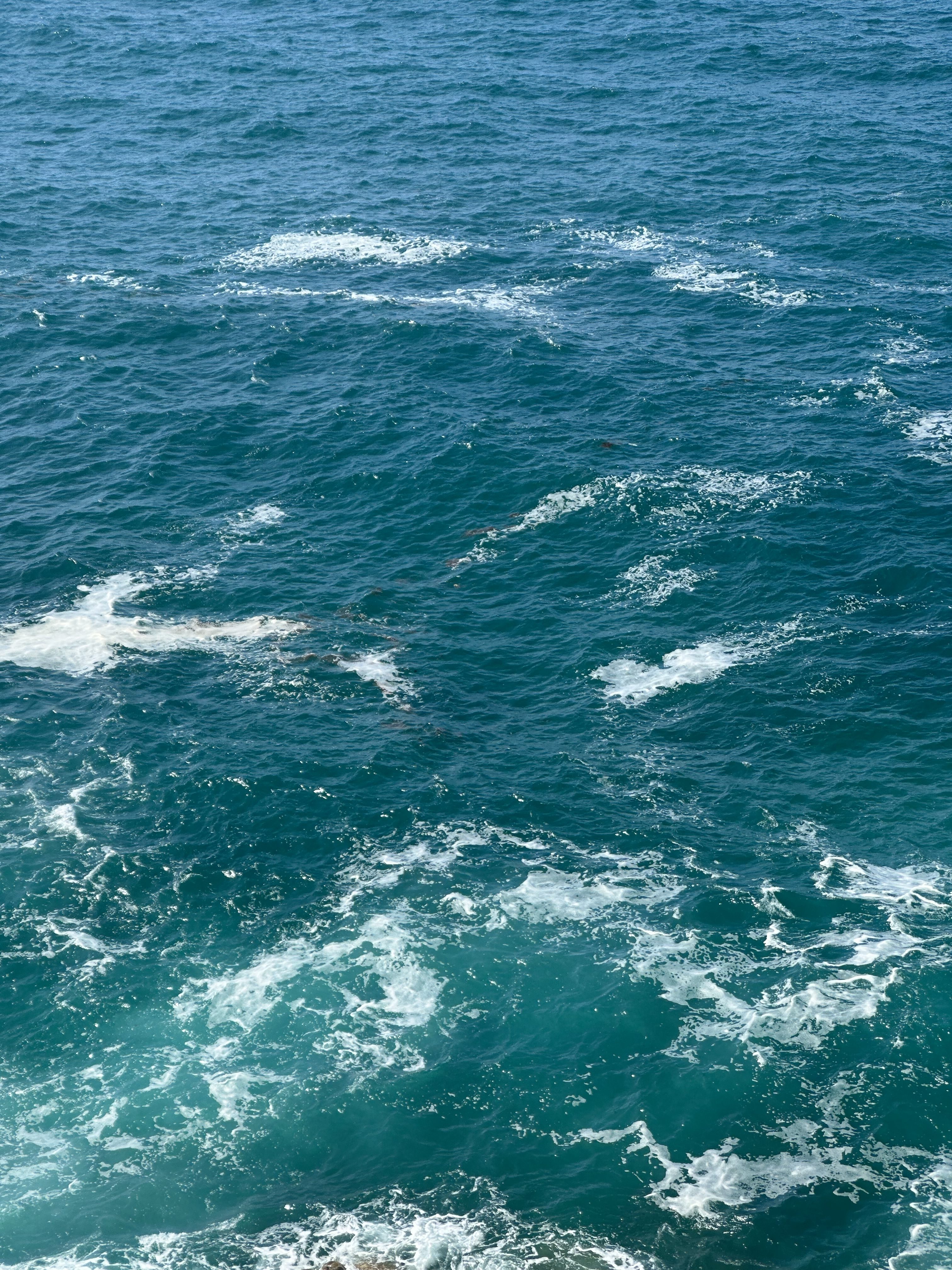 Blue sea with waves and white foam in the sunlight.