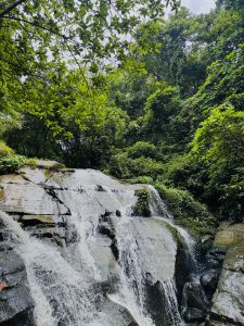 Beautiful waterfall flowing through big rocks surrounded by lush green forest in Bangladesh.