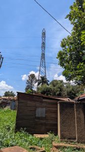A communication tower stands behind a wooden shed amid trees and overgrown grass.