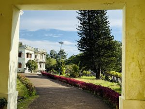 A scenic pathway framed by yellow walls shows the garden and old building of Hill Palace, Thrippunithura, Kerala. Bright flowers and trees decorate the walkway. 