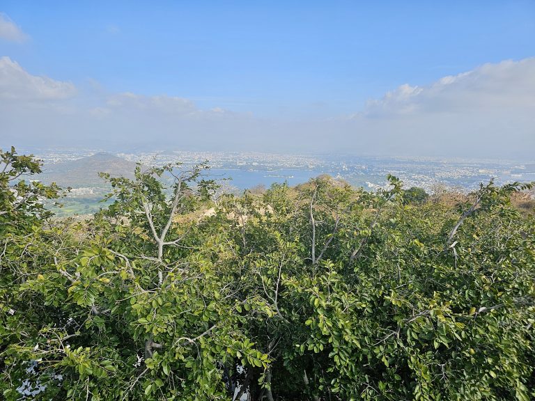 A scenic misty top view of Udaipur city from Monsoon Palace, Sajjangarh. You can see lush green trees in the foreground and lakes and buildings far below, spread across the landscape.