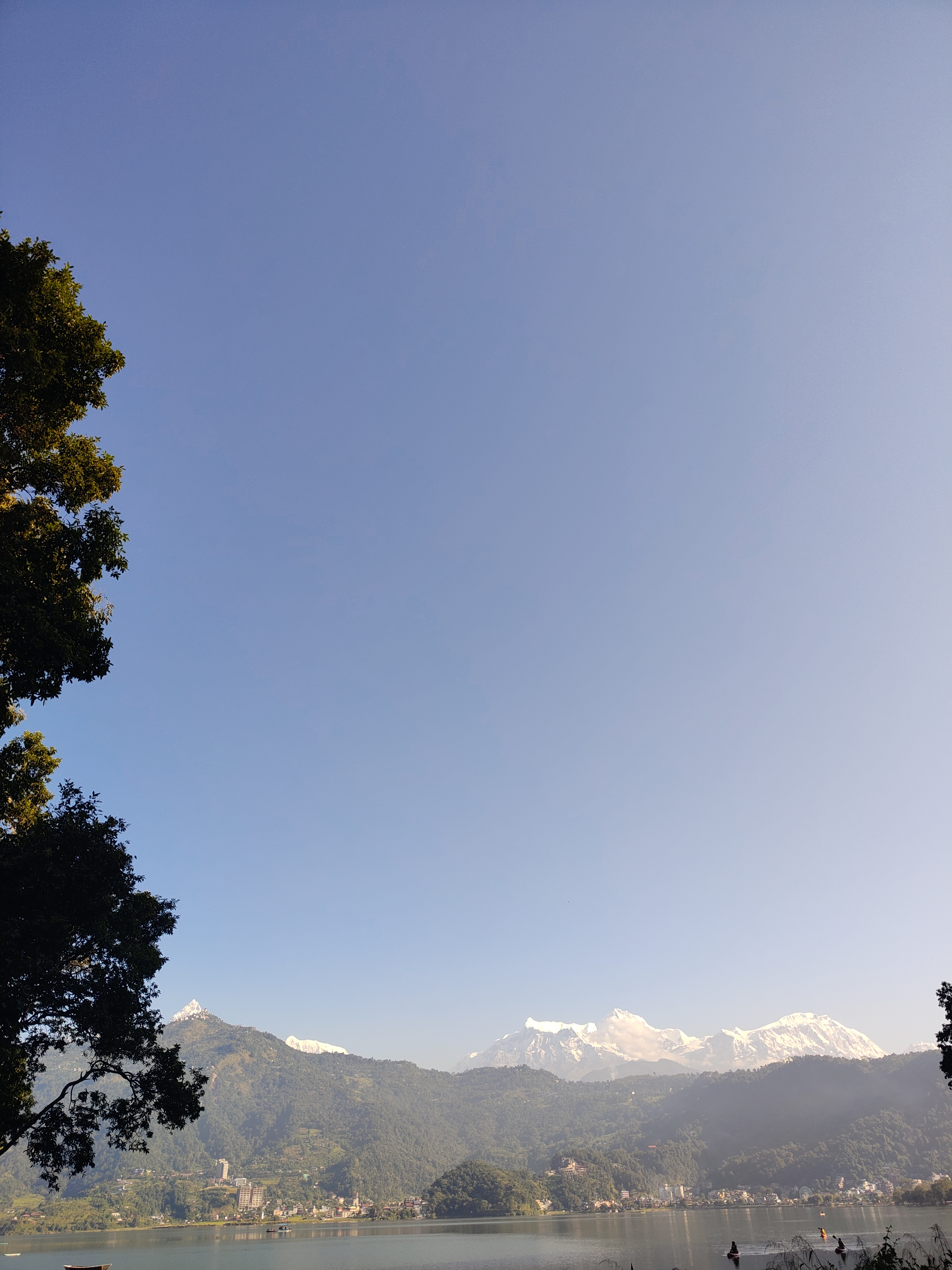 Calm Fewa lake with green hills, a lakeside town, and snow-capped mountains under a clear sky, framed by trees.