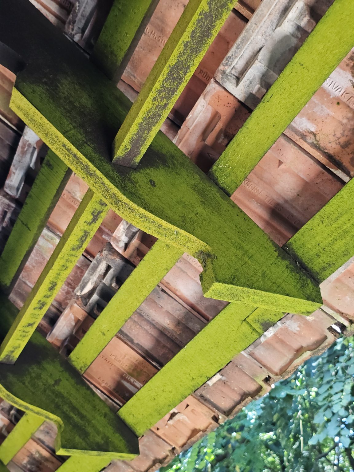 A geometric view of traditional wooden roof trusses and old clay tiles. The light and shadows highlight the texture. Captured at Hill Palace, Thrippunithura, Kerala.