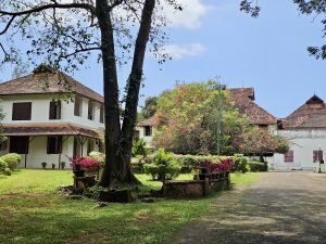 A peaceful garden scene with flowering bushes, tiled heritage buildings, and a clear pathway. Photographed at Hill Palace, Thrippunithura. 