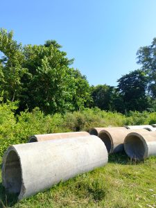 A row of large concrete drainage pipes lying on the ground, surrounded by tall green grass and bushes, with trees and a clear blue sky in the background.