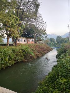 A serene landscape featuring a gently flowing river bordered by lush greenery. 