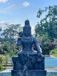 A dark gray stone statue of Lord Shiva sitting in a meditation pose, with one hand raised in blessing, set amidst a lush garden with pink flowers.